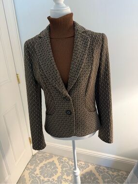 Rena Lange Brown Textured Knit Blazer size 8 Cognac and Tourquoise boucle.